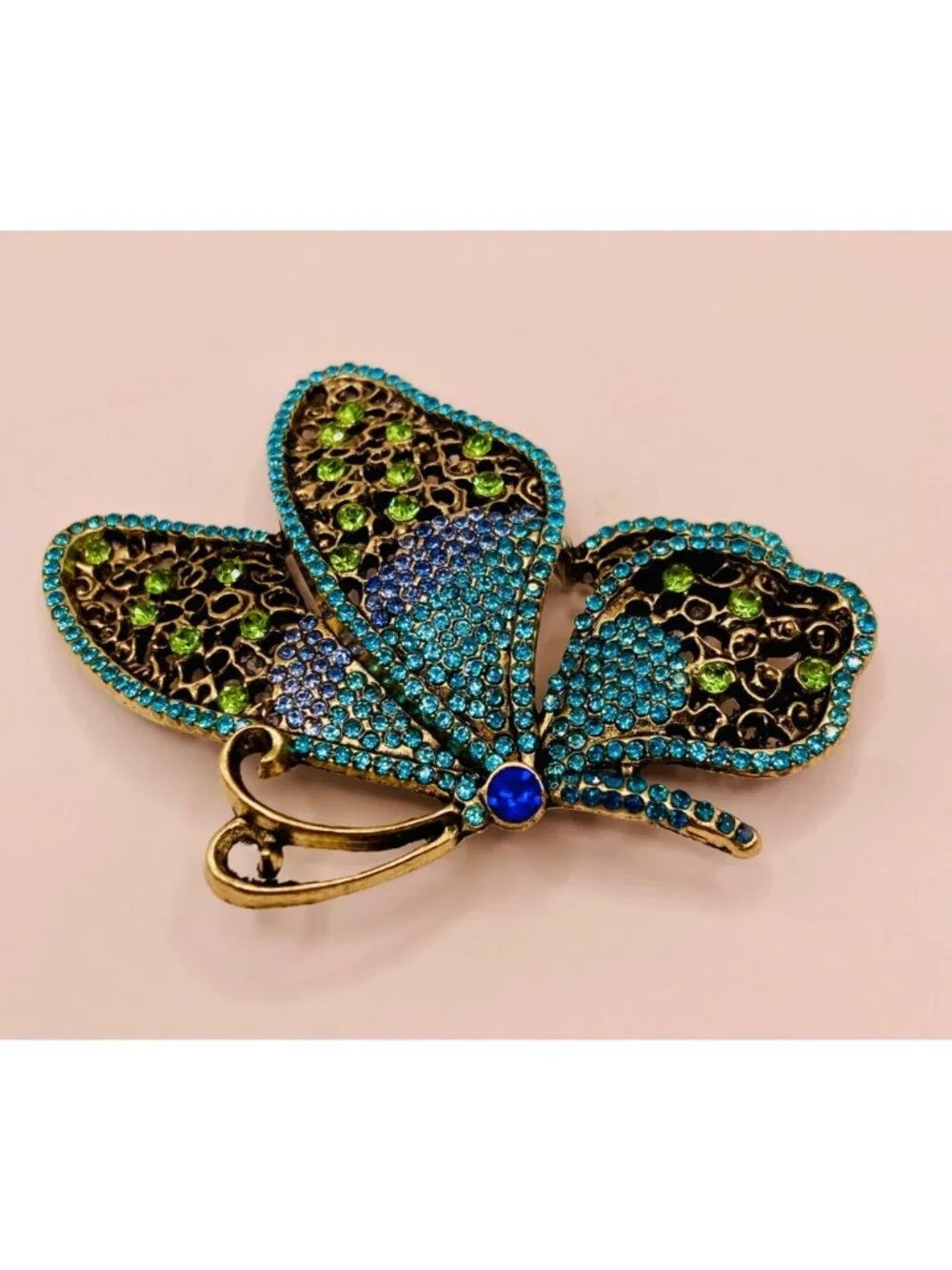 Butterfly Brooch Pin Blue & Green Rhinestones Antique Gold-Tone Metal -60B
